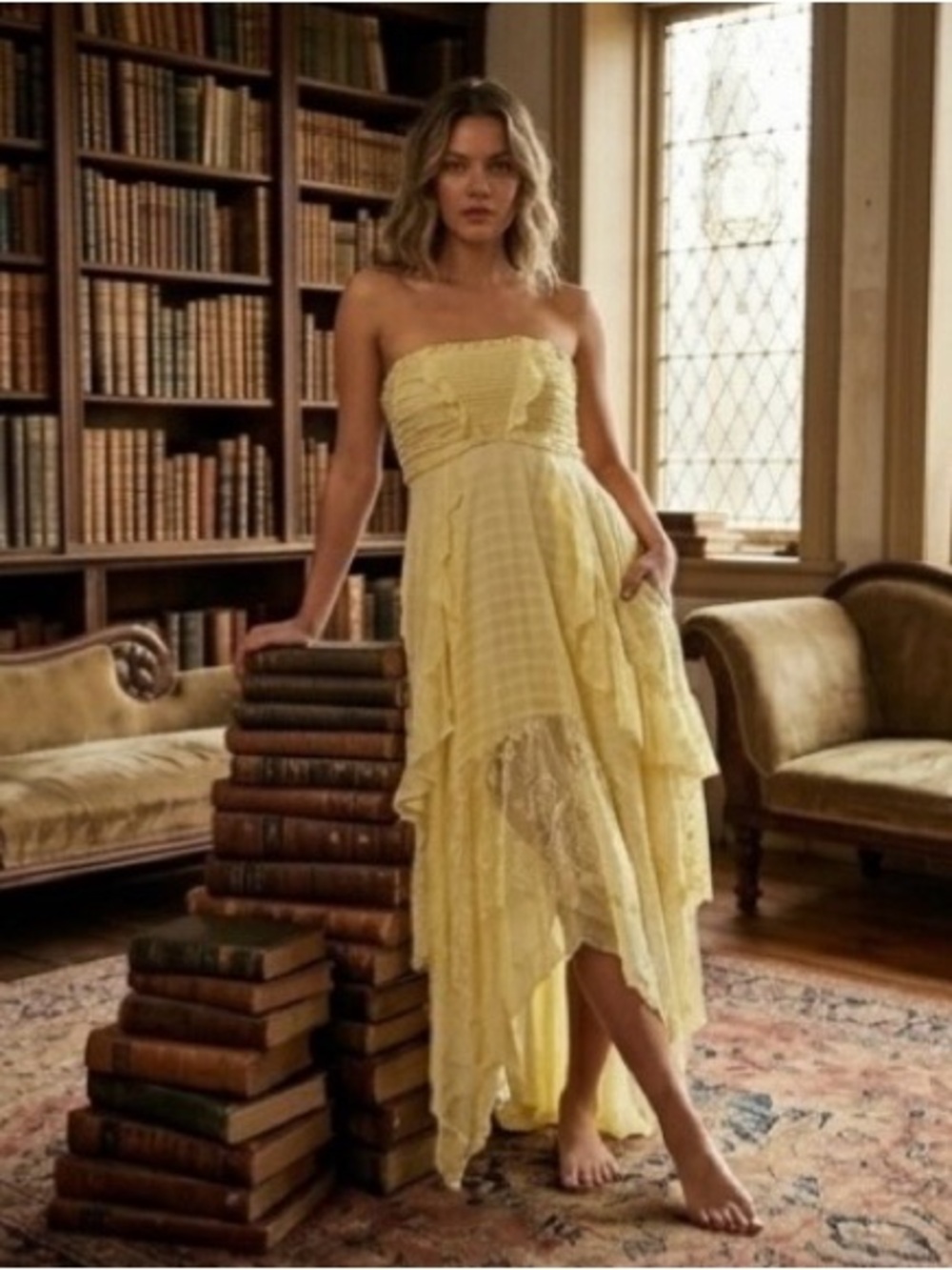 Free People Bliss Lace Kerchief Hem Strapless Maxi Dress Yellow L Fairycore